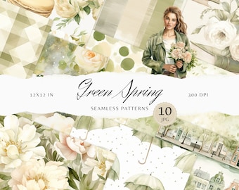 Watercolor Green Spring Seamless Patterns, Floral Pattern JPEG, Spring flowers Digital Download, Stripes Repeating pattern, Scrapbook Paper