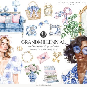 Aquarel Grandmillennial ClipArt, chinoiserie-illustraties, vintage graphics PNG, hortensia clipart, Cottagecore-afbeeldingen, digitale download