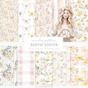 Motivi pasquali rustici ad acquerello senza soluzione di continuità, motivo floreale JPEG, fiori primaverili, download digitale, motivo coniglietto pasquale, carta per scrapbooking