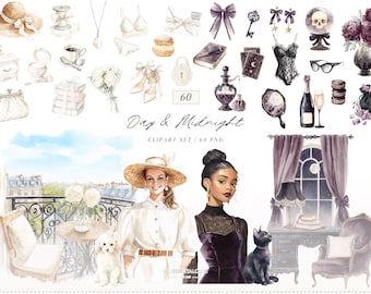 Watercolor Day & Midnight Clipart Set, Romantic Dark Gothic Clipart, Feminine PNG, Cottagecore Clipart, Digital Download