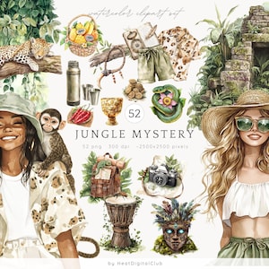 Aquarel jungle mysterie clipart, reizen clipart, planner stickers, exotische tropische png, zomer safari png commercieel gebruik, digitale download