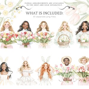May include: A digital illustration set of 61 watercolor-style images featuring women and floral arrangements. The women are depicted with different hairstyles, clothing, and accessories. The floral arrangements include tulips, lilies, and other flowers. The text "WHAT IS INCLUDED: 61 separate png files" is displayed at the top of the image.
