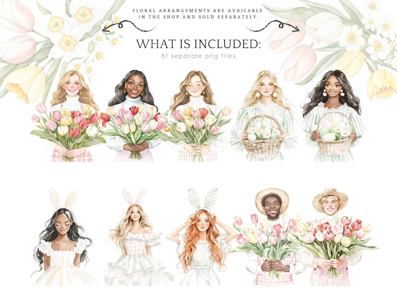 May include: A digital illustration set of 61 watercolor-style images featuring women and floral arrangements. The women are depicted with different hairstyles, clothing, and accessories. The floral arrangements include tulips, lilies, and other flowers. The text "WHAT IS INCLUDED: 61 separate png files" is displayed at the top of the image.