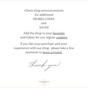 May include: White background with black text. The text reads: "Check shop announcements for additional PROMO CODES and SALES!" It also says to add the shop to favorites and leave a review. The words "Thank you!" are written in cursive.