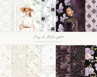 Watercolor Day & Midnight Seamless Patterns, Romantic Ivory Dark Floral Patterns, Velvet, Lace, Stars and Peony Watercolor Textures, Digital