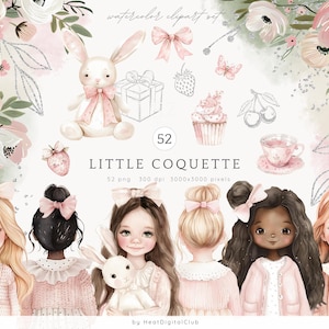 Paquete de imágenes prediseñadas de coquetas pequeñas en acuarela, imágenes prediseñadas de niñas pequeñas, gráficos para baby shower, linda decoración rosa bebé, flores, salpicaduras para scrapbooking