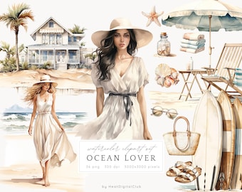 Watercolor Ocean Lover Clipart Bundle, Beach Time PNG Clip Art, Neutral Summer Beach, Fashion llustrations Instant Download Commercial Use