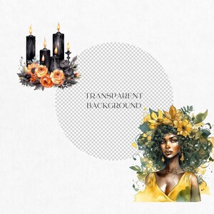 May include: A watercolor painting of a woman with a crown of yellow flowers. She is wearing a yellow dress and has dark skin. The background is a transparent circle with the text "TRANSPARENT BACKGROUND".