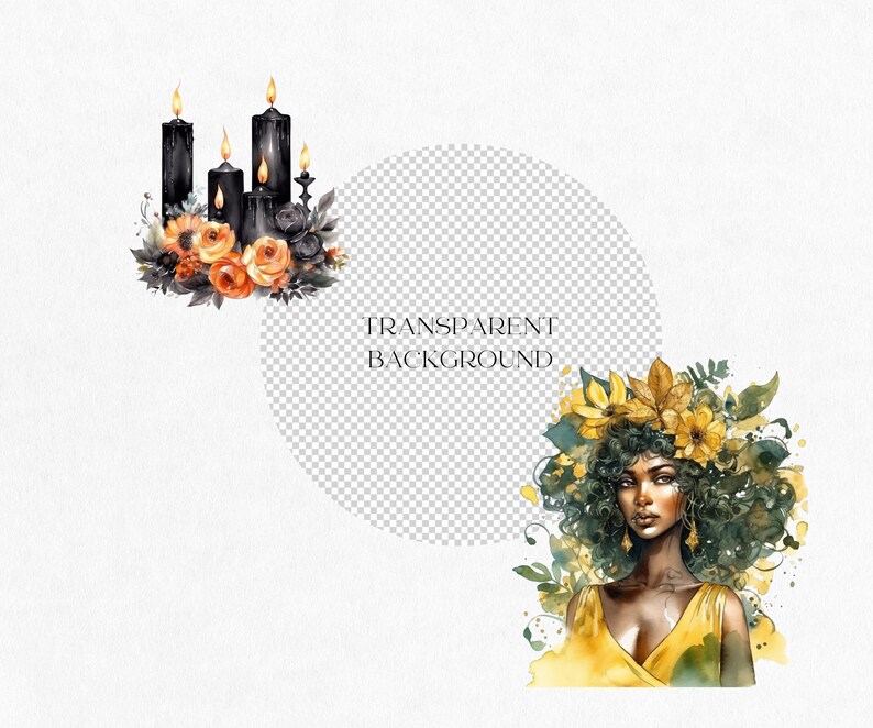 May include: A watercolor painting of a woman with a crown of yellow flowers. She is wearing a yellow dress and has dark skin. The background is a transparent circle with the text "TRANSPARENT BACKGROUND".