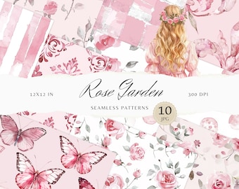 Patrones sin costuras de jardín de rosas en acuarela, JPEG floral Cottagecore en tonos pastel rosa, papel para álbum de recortes imprimible con rayas botánicas y estilo shabby chic