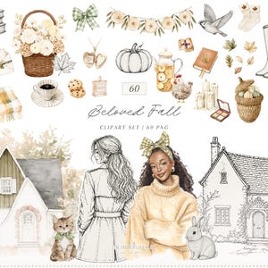 Puede incluir: Conjunto de imágenes prediseñadas de acuarela con ilustraciones de temática otoñal. Incluye una calabaza, una cesta floral, un pájaro, botas, un suéter y casas. También está presente el texto "Beloved Fall".