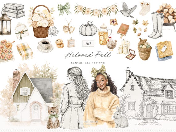 Beloved Fall Watercolor Clipart Set, Cozy Autumn Elements, Cottage PNG (Digital Download)