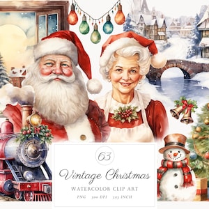 Aquarel kerst PNG clipart bundelafbeeldingen, vintage kerst clipart, vakantie clipart, digitale kerstman clipart, gratis commercieel gebruik