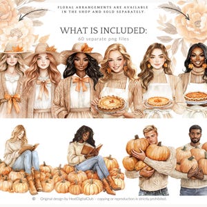 May include: Watercolor illustration featuring women and men with pumpkins and pies. The image includes text that reads "WHAT IS INCLUDED: 60 separate png files." Floral arrangements are also shown. The design is by HeatDigitalClub.