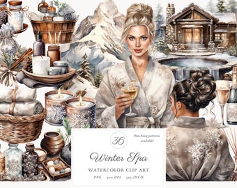 Watercolor Winter Spa Clipart Bundle, Self Care PNG (Digital Download)