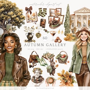 Aquarelle automne galerie clipart, clipart automne PNG, Coattagecore, clipart automne mode, musée confortable, autocollants numériques, usage Commercial