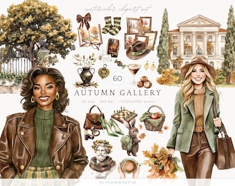 Op de afbeelding: Waterverf clipart set getiteld "Autumn Gallery" met illustraties van herfstthema's. Bevat afbeeldingen van vrouwen, een gebouw, een boom, een handtas, een konijn, een schaakbord en andere herfstgerelateerde objecten. De set bevat 60 PNG-bestanden met 300 dpi.
