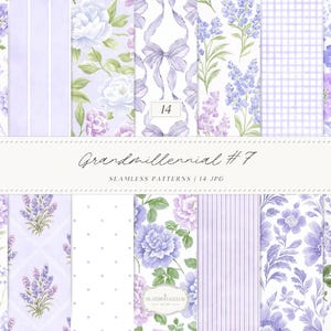 Puede incluir: Una colección de 14 patrones sin costuras en tonos morado, lavanda y blanco. Los diseños florales incluyen rosas, lavanda y otras flores. El texto "Grandmillennial #7" y "Seamless Patterns / 14 JPG" se muestra en una pancarta blanca.