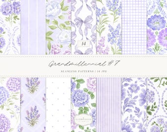 Watercolor Grandmillennial Set 7 Seamless Patterns, Lavender Floral JPEG, Purple Stripe, Plaid, Elegant Botanical Digital Repeating Patterns