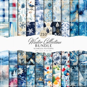 Seamless Watercolor Winter Patterns Bundle, Winter Floral Digital Download JPEG, Repeating Pattern Digital Papers Infinite Scrapbook Paper