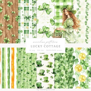 Watercolor St. Patrick&#39;s Day Seamless Patterns, Floral Pattern JPEG, Shamrock Digital Download, Green Repeating pattern, Scrapbook Paper