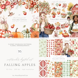 Clipart aquarelle de pommes qui tombent, automne PNG, illustrations de ferme automne confortable, grange rouge, filles, tarte, panier, citrouilles, cottagecore, numérique