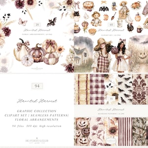 May include: A digital graphic collection titled Haunted Harvest featuring 94 files including watercolour illustrations of pumpkins, floral arrangements, characters, bats, and seamless patterns with plaid, floral, and damask motifs in autumn colours.