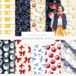 以下が含まれることがあります： モダンな白雪姫をテーマにした、シームレスなデジタルパターン10個セット。パターンには、赤いリンゴ、青い鳥、白いバラ、金色のグリッター、赤いリボン、大理石のテクスチャが含まれています。パターンは、デジタルデザインや印刷デザインの作成に最適です。