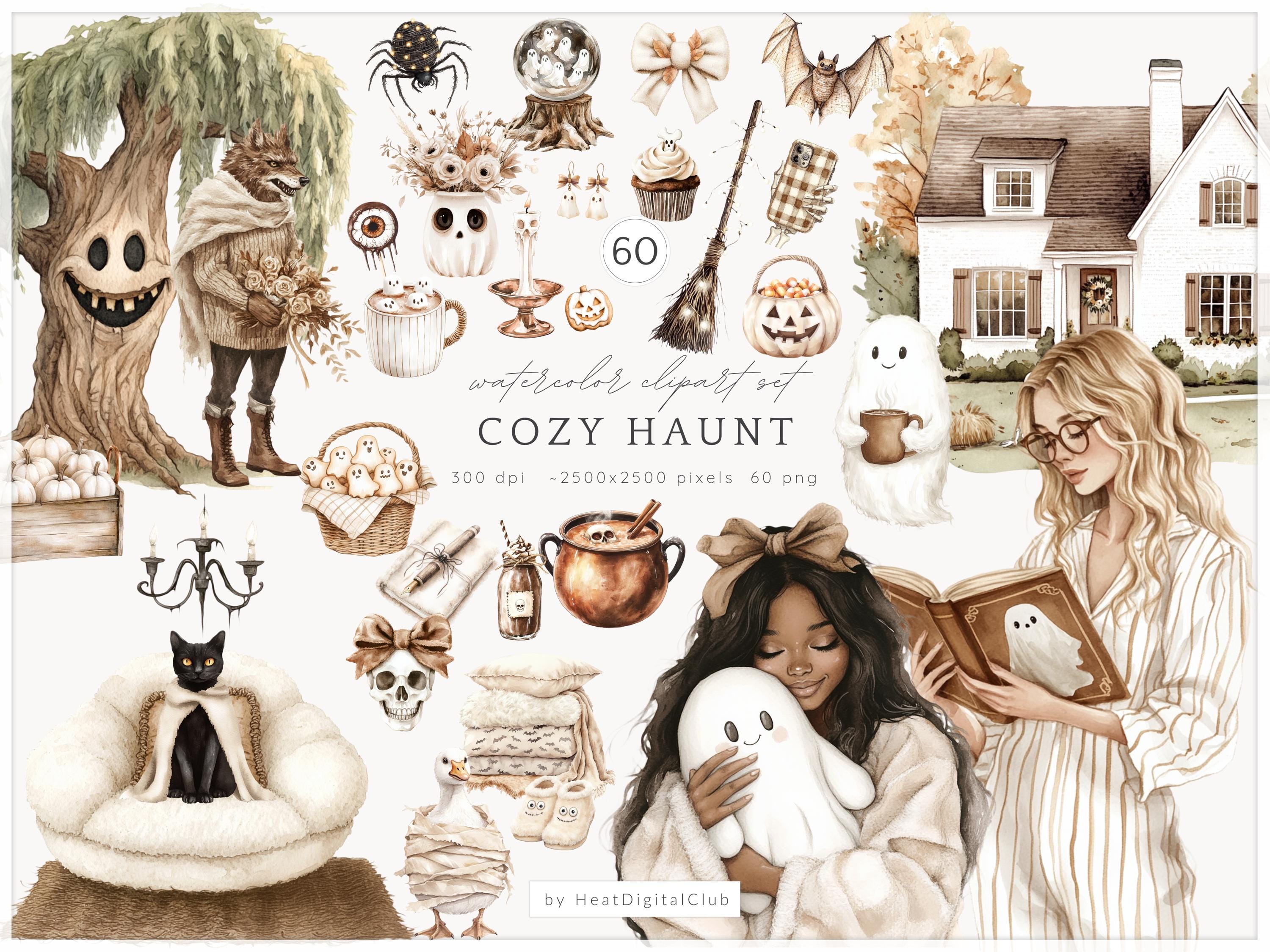 Watercolor Cozy Haunt Clipart, Soft Halloween PNG, Neutral Halloween Clipart, Autumn Ghost Clipart, Spooky Cozy Aesthetic, Digital Download