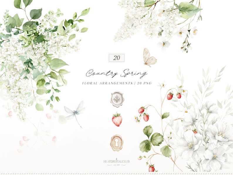 May include: Watercolor floral arrangements with white flowers, green leaves, and red strawberries. The image includes a butterfly, dragonfly, and the text "Country Spring Floral Arrangements / 20 PNG".