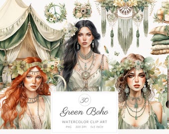 Clip art de estilo bohemio con acuarela verde salvia, clipart PNG de estilo cottagecore, estilo de vida en la cabaña, paquete de gráficos de estilo boho étnico, estilo de vida vintage