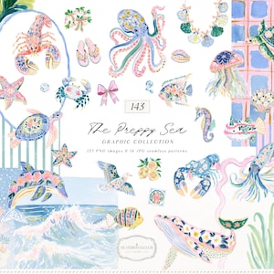 May include: A digital graphic collection titled The Preppy Sea featuring watercolor illustrations of marine life including an octopus, sea turtle, whale, dolphin, lobster, crab, and fish, all decorated with floral patterns in blue, pink, and green.