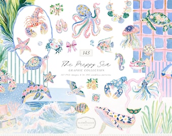 Watercolor Summer Clipart Seamless Patterns Bundle, Preppy Tropical Reef, Under the Sea PNG  (Digital Download)