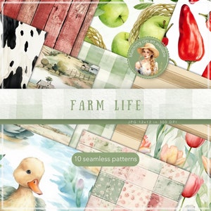 May include: A set of 10 digital seamless patterns featuring farm life themes. The patterns include images of ducks, tulips, gingham, wood, and cowhide. The patterns are 12 inches by 12 inches and 300 DPI.