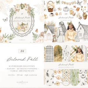 May include: A digital art collection with a fall theme. The image features watercolor illustrations of pumpkins, floral arrangements, and decorative elements. Text includes "Beloved Fall" and details about the collection, such as "watercolor collection" and "114 files".