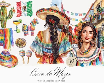 Watercolor Cinco de Mayo Clipart Bundle, Mexico Clip Art, Pinata, Mexican party, Cactus, Tequila, Guitar, Fiesta, Papel picado, Sombrero