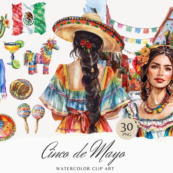 Watercolor Cinco de Mayo Clipart Bundle, Mexico Clip Art, Pinata, Mexican party, Cactus, Tequila, Guitar, Fiesta, Papel picado, Sombrero
