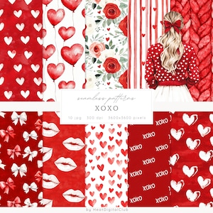 Motivi senza soluzione di continuità per San Valentino ad acquerello, San Valentino JPG, XOXO, Download digitale di amore romantico, Motivo ripetuto, Carta per album