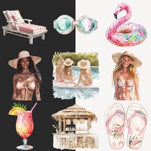 May include: A watercolor illustration of summer vacation essentials. The illustration includes a pink flamingo pool float, a pair of blue and green goggles, a straw hat, a pink bikini, a lounge chair, a cocktail, a beach hut, and a pair of flip flops.