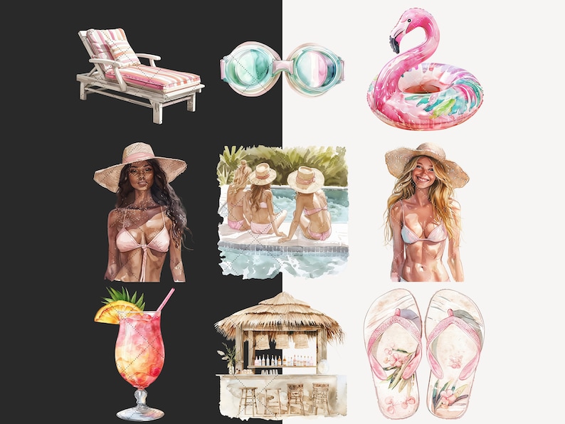 May include: A watercolor illustration of summer vacation essentials. The illustration includes a pink flamingo pool float, a pair of blue and green goggles, a straw hat, a pink bikini, a lounge chair, a cocktail, a beach hut, and a pair of flip flops.