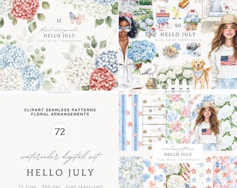 Watercolor Hello July Clip Art, Independence Day Clip Art, 4th of July PNG, Patriotic, America, American, Summer Clipart, Digital Download