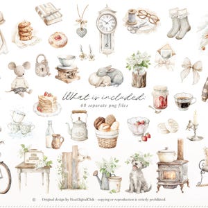 Pu&ograve; includere: Illustrazioni ad acquerello di vari oggetti in stile vintage, tra cui un orologio, una bicicletta, un cane, una stufa e prodotti alimentari come biscotti e pancake. L'immagine ha una tavolozza di colori tenui e pastello e un'estetica stravagante.
