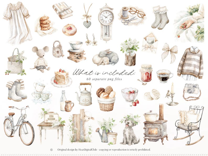 Pu&ograve; includere: Illustrazioni ad acquerello di vari oggetti in stile vintage, tra cui un orologio, una bicicletta, un cane, una stufa e prodotti alimentari come biscotti e pancake. L'immagine ha una tavolozza di colori tenui e pastello e un'estetica stravagante.
