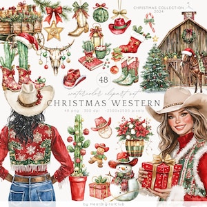 Aquarela Natal Western ClipArt, Wild West Clip Art, Cowgirl, Cowboy, Papai Noel, Western Xmas PNG, Holiday Clipart, Download digital