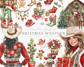 Aquarel kerst westerse illustraties, wilde westen illustraties, cowgirl, cowboy, kerstman, Western Xmas PNG, vakantie clipart, digitale download