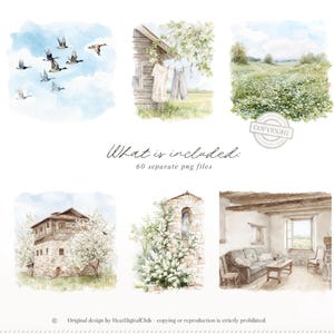 Pu&ograve; includere: Illustrazioni ad acquerello raffiguranti scene rurali. Include immagini di uccelli in volo, una fattoria con bucato, un campo di fiori, un edificio in pietra, una torre con fiori e un soggiorno. Testo: "What is included. 60 separate png files."