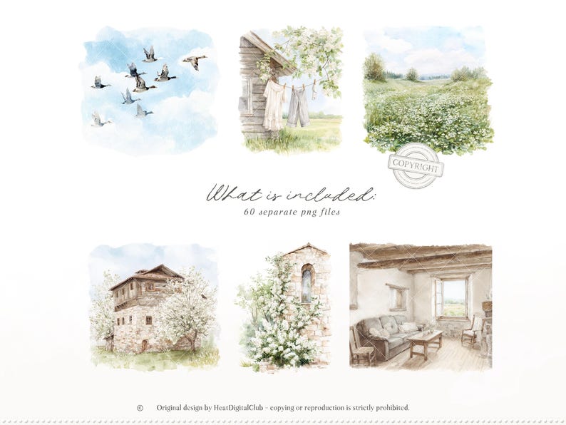 Pu&ograve; includere: Illustrazioni ad acquerello raffiguranti scene rurali. Include immagini di uccelli in volo, una fattoria con bucato, un campo di fiori, un edificio in pietra, una torre con fiori e un soggiorno. Testo: "What is included. 60 separate png files."