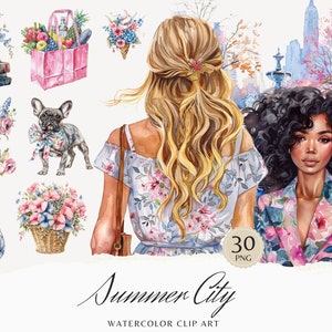 Imágenes prediseñadas de la ciudad de verano en acuarela, imágenes prediseñadas de la temporada de verano, gráficos acogedores de Cottagecore, pegatinas digitales de flores para vacaciones de temporada para chicas hermosas