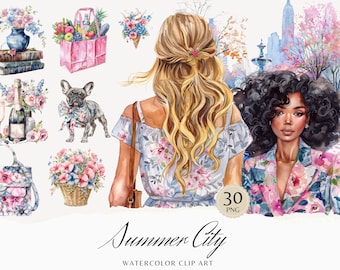 Watercolor Summer City Clipart, Summer Season Clip Art, Cozy Cottagecore graphics, flowers seasonal vacation beautiful girl digital stickers