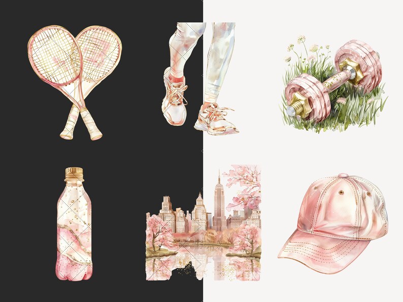 May include: A set of watercolor illustrations featuring a pink and gold tennis racket, a pink and gold dumbbell, a pink and gold water bottle, a pink and gold baseball cap, and a pink and gold cityscape with cherry blossoms.
